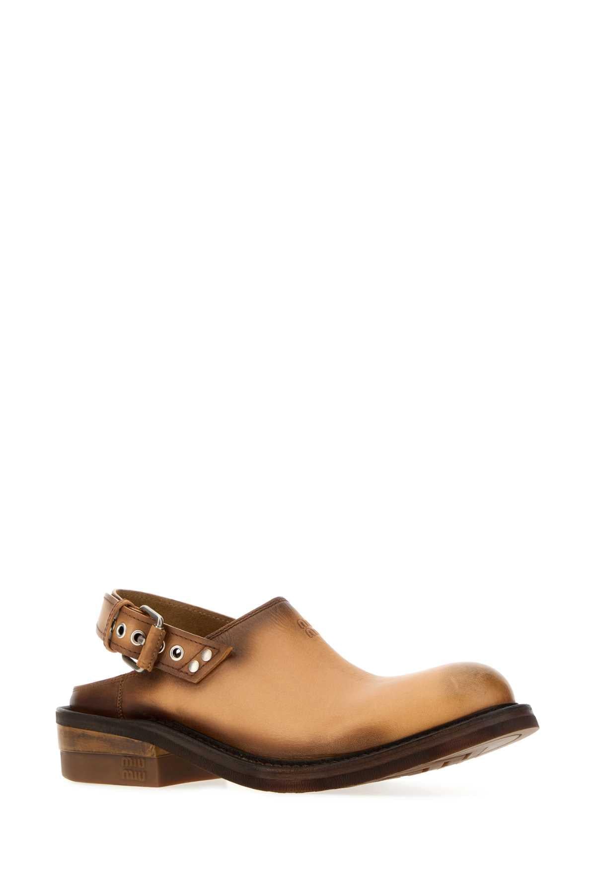 Miu Miu Women Camel Leather Foule Slippers MIU MIU