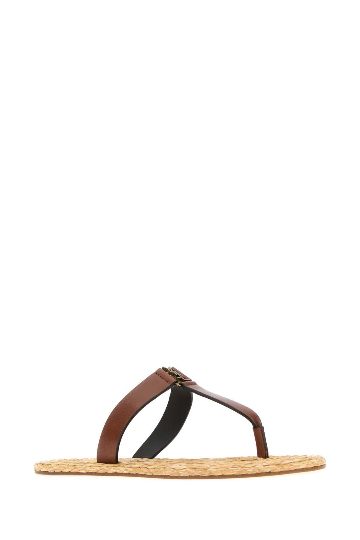 Saint Laurent Women Brown Leather Babylone Thong Slippers SAINT LAURENT