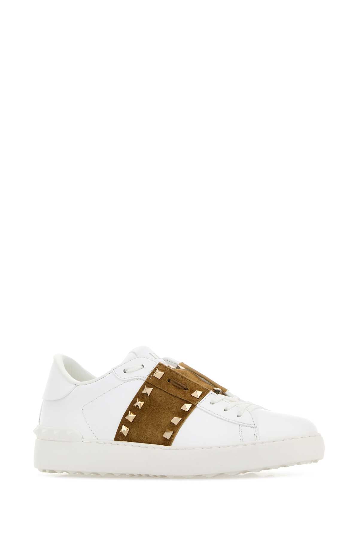 Valentino Garavani Women White Leather Rockstud Untitled Sneakers With Camel Band VALENTINO GARAVANI