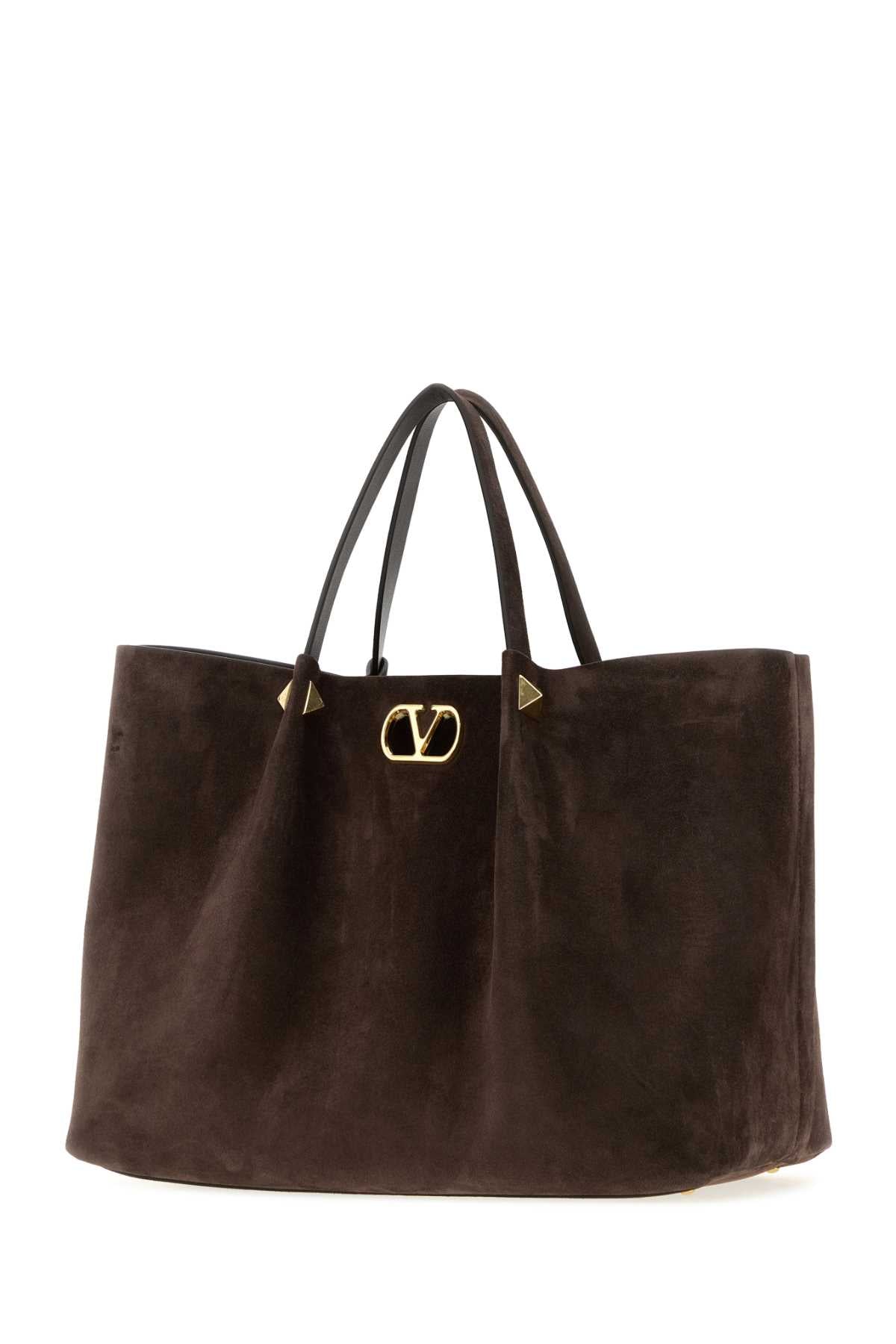 Valentino Garavani Women Dark Brown Suede Rockstud Shopping Bag VALENTINO GARAVANI