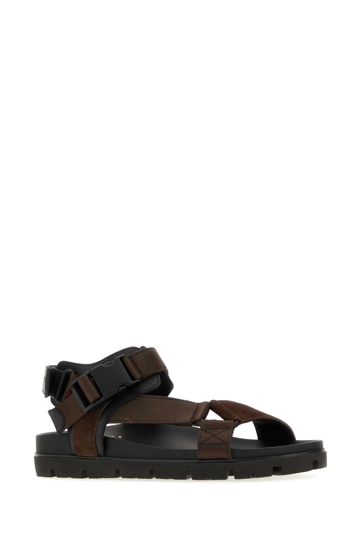 Prada Men Dark Brown Fabric And Suede Sandals PRADA