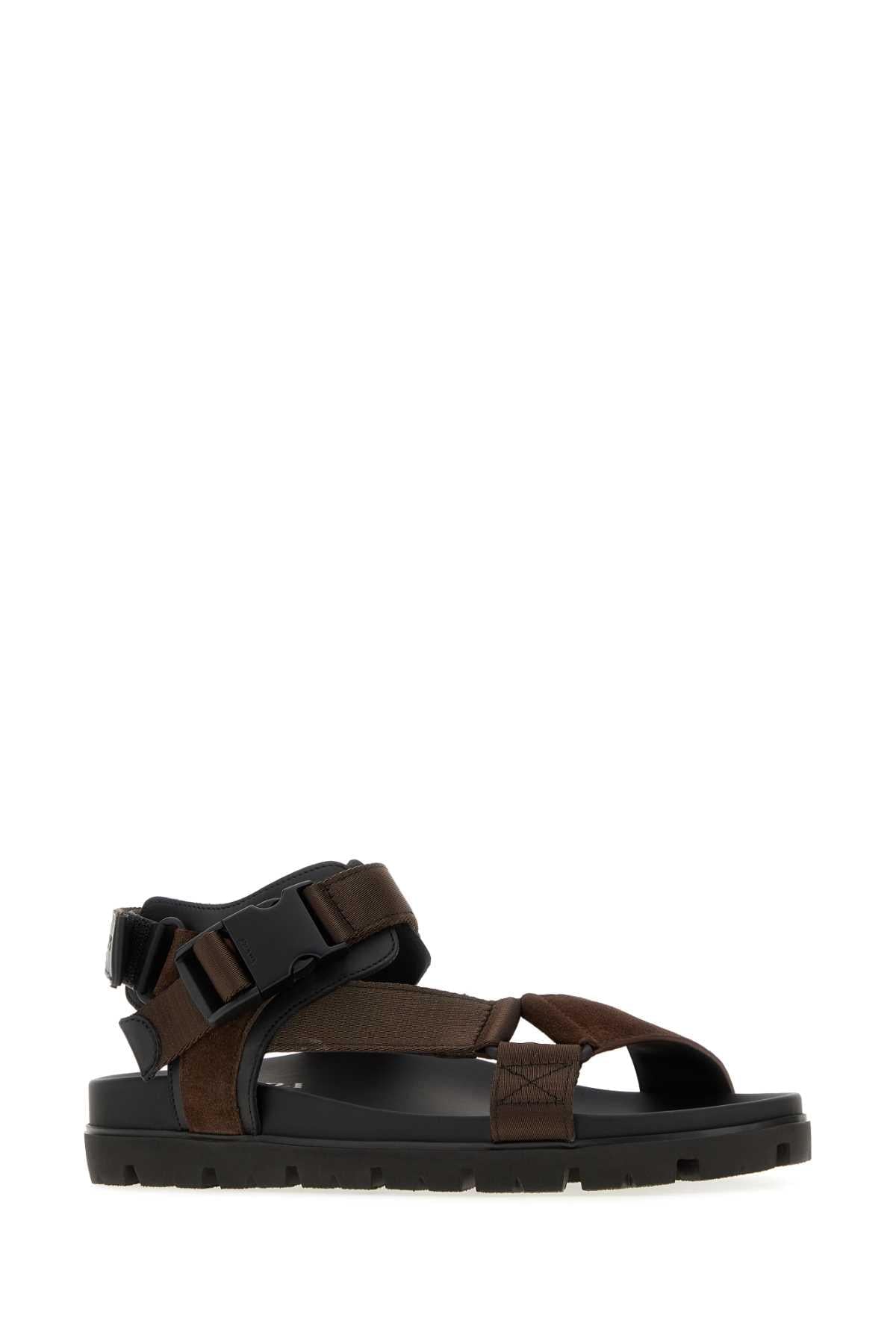 Prada Men Dark Brown Fabric And Suede Sandals PRADA