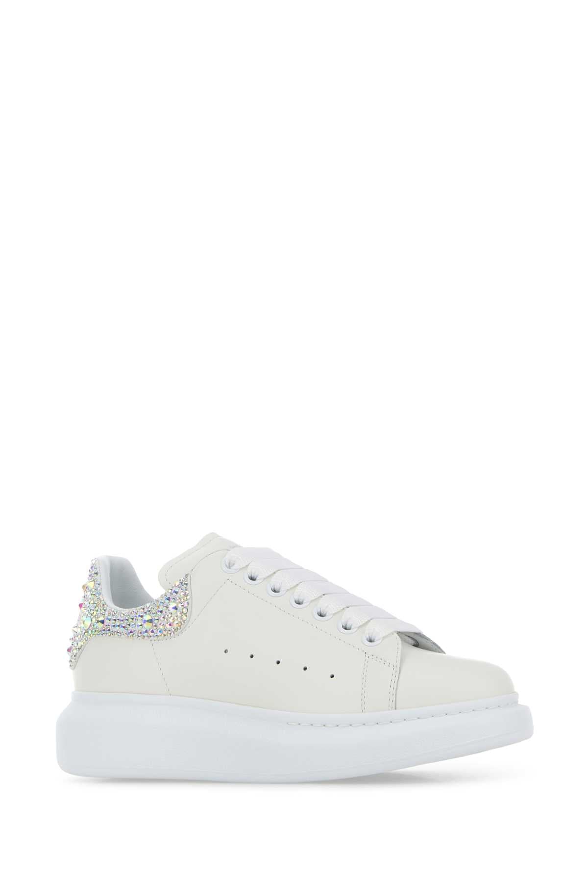 Alexander Mcqueen Women White Leather Sneakers With Embellished Suede Heel
