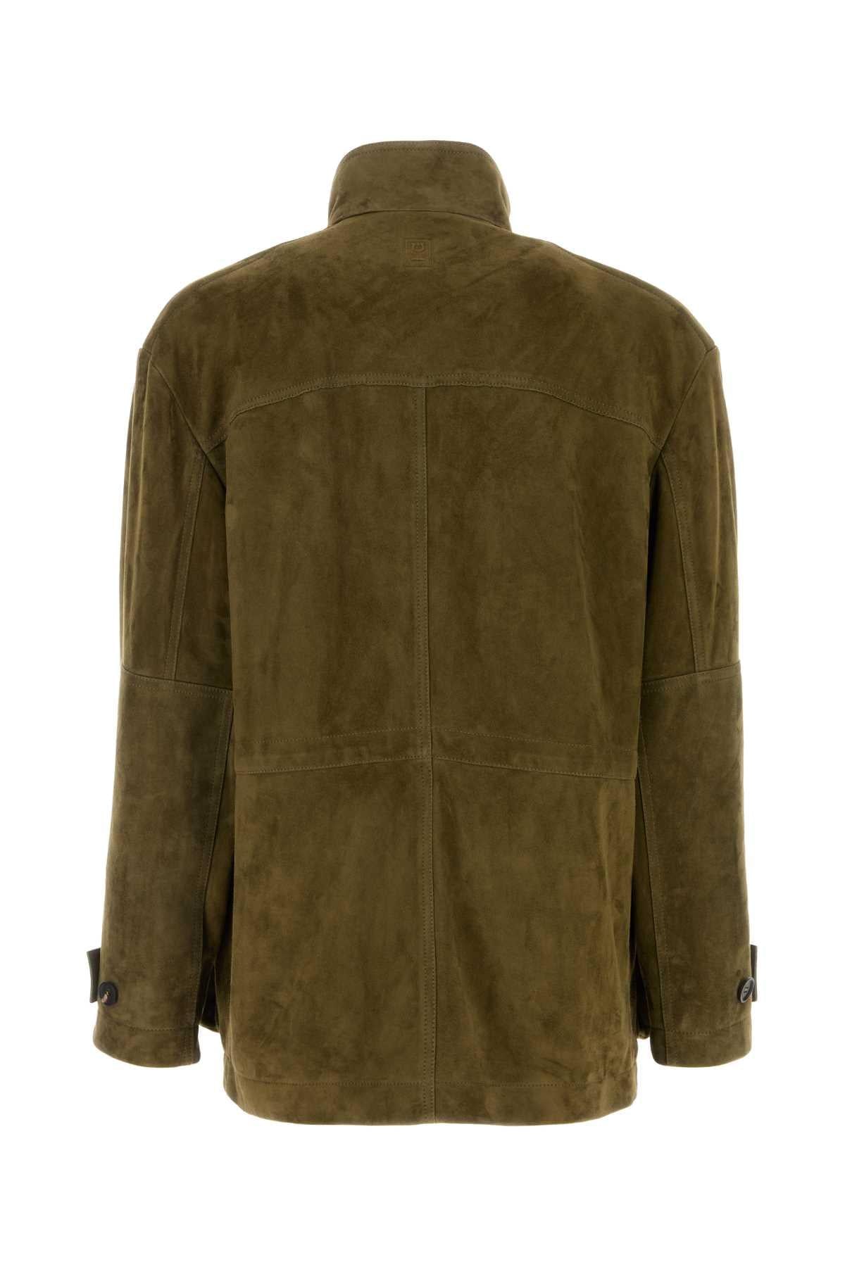 Salvatore Ferragamo Men Olive Green Suede Jacket FERRAGAMO