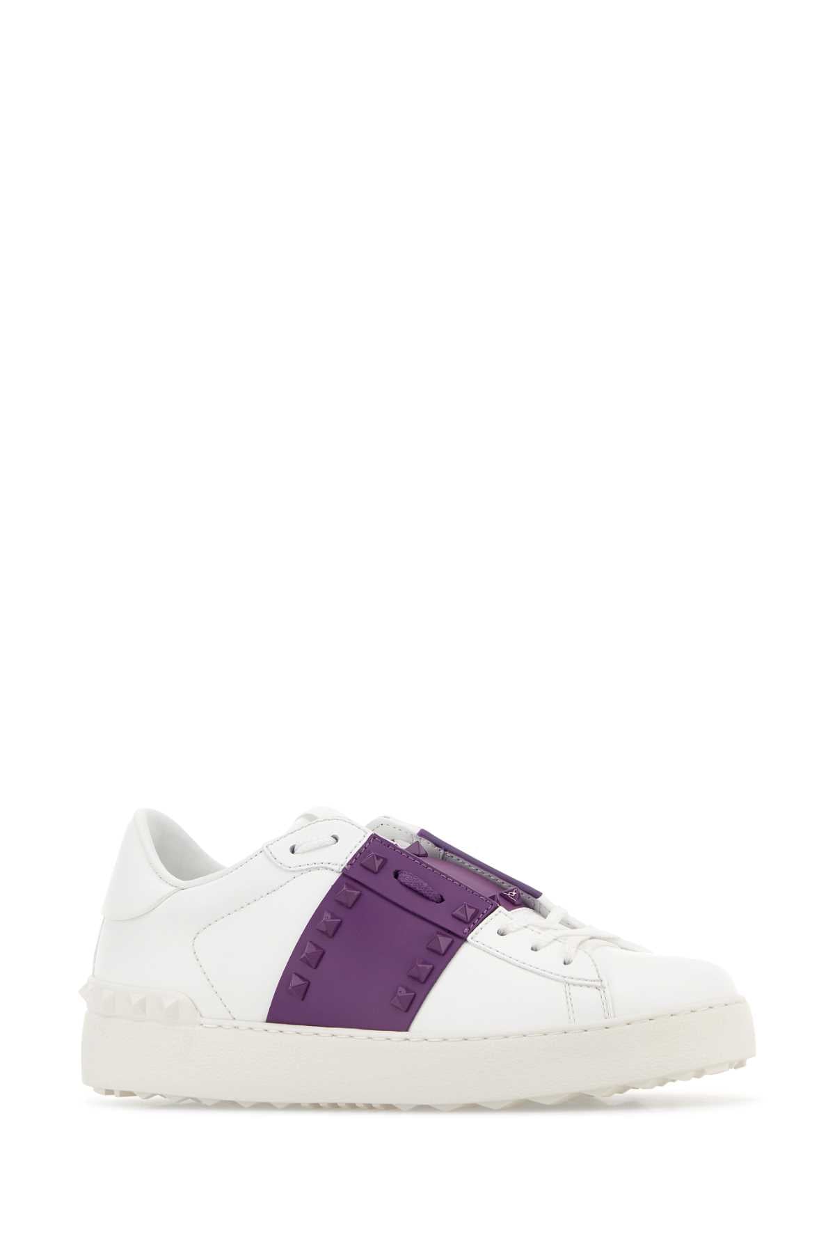 Valentino Garavani Women White Leather Rockstud Untitled Sneakers With Purple Band VALENTINO GARAVANI