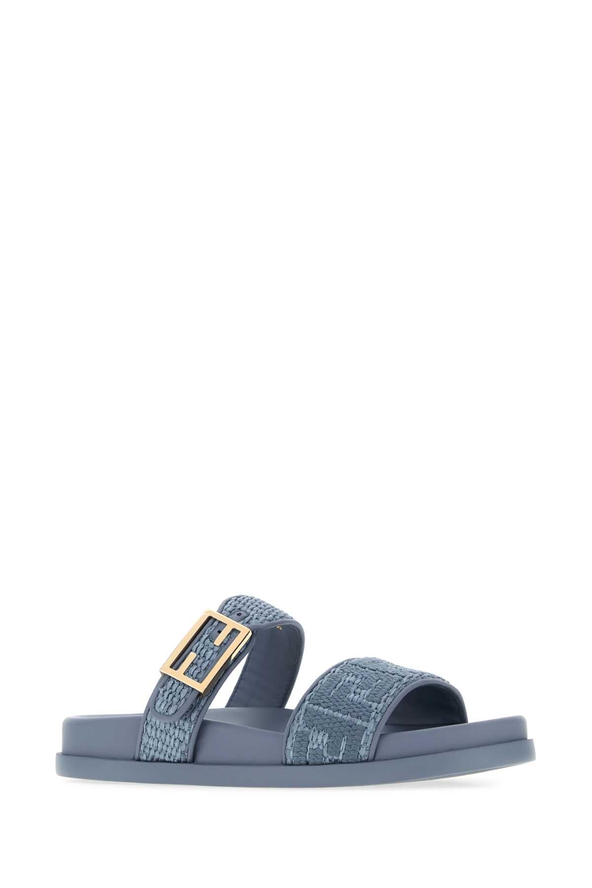 Fendi Women Cerulean Blue Raffia Fendi Feel Slippers FENDI