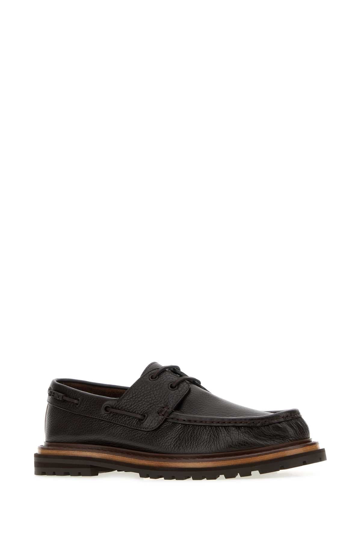 Fendi Men Dark Brown Leather Pequin Loafers FENDI