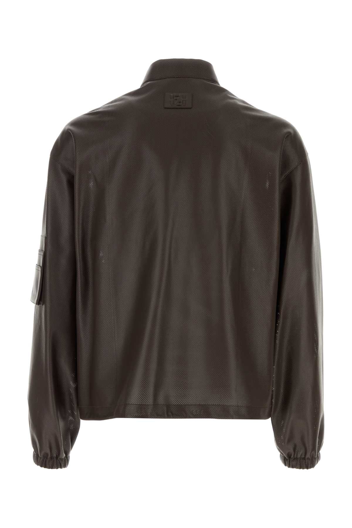 Fendi Men Chocolate Nappa Leather Bomber Jacket FENDI