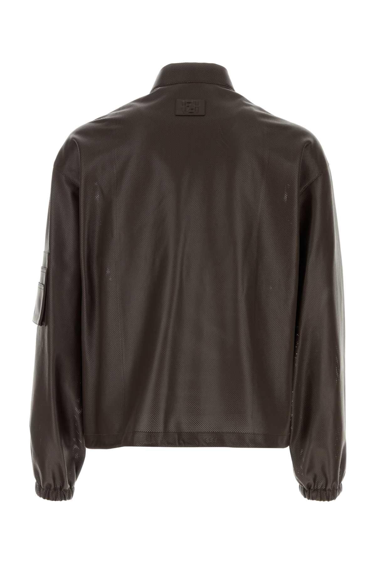 Fendi Men Chocolate Nappa Leather Bomber Jacket FENDI