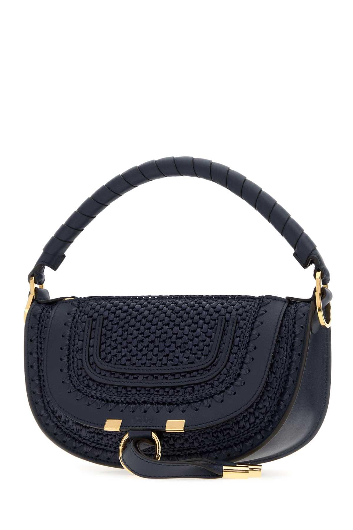 Chloe Women Navy Blue Raffia And Leather Mini Marcie Shoulder Bag CHLOE