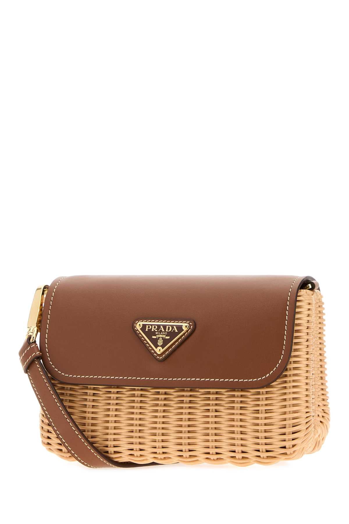 Prada Women Two-Tone Wicker And Leather Crossbody Bag PRADA