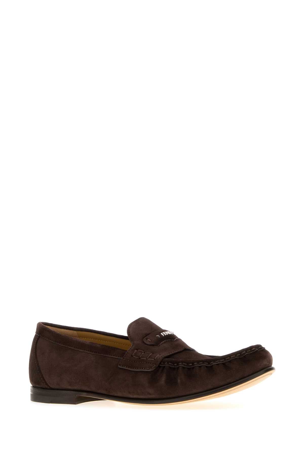 Fendi Men Dark Brown Suede Crosta Loafers FENDI