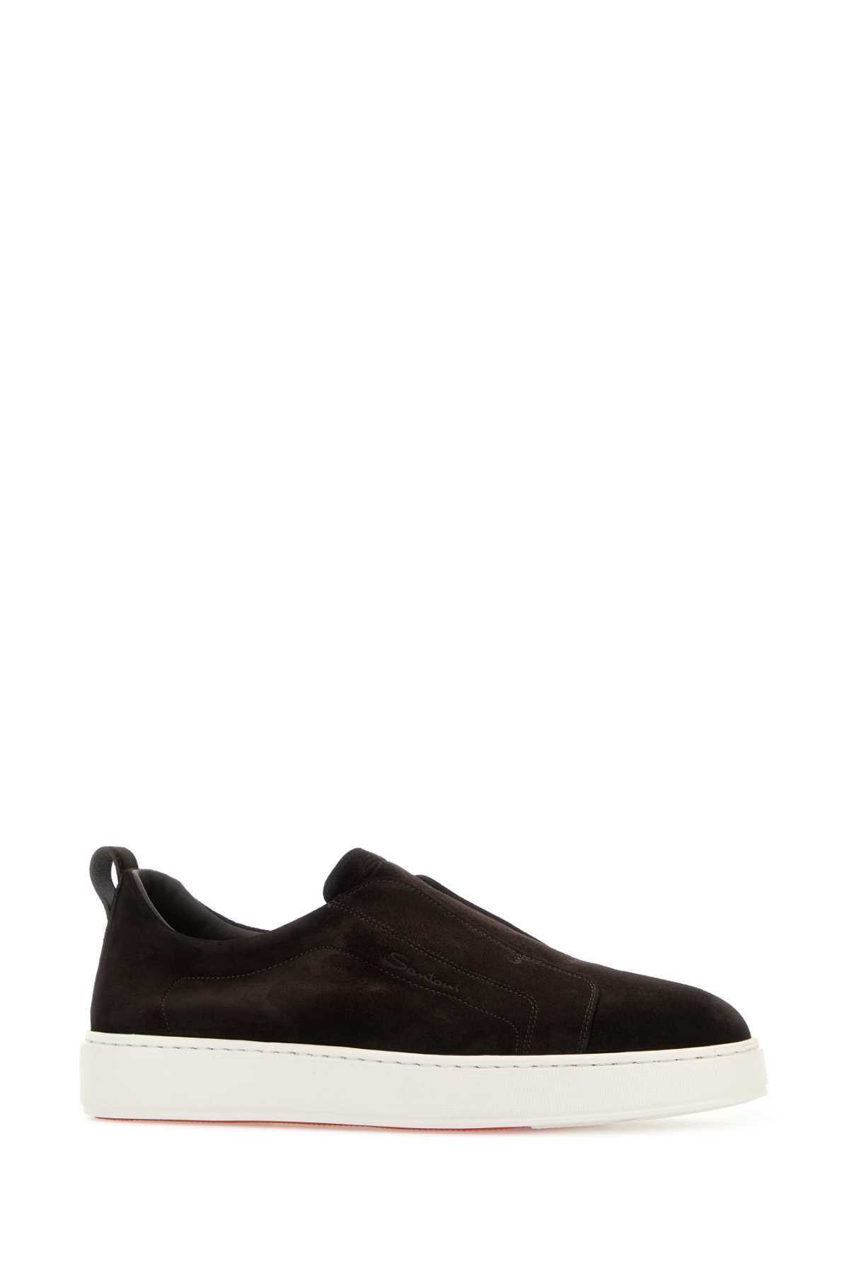 Santoni Men Dark Brown Suede Victory Slip Ons SANTONI