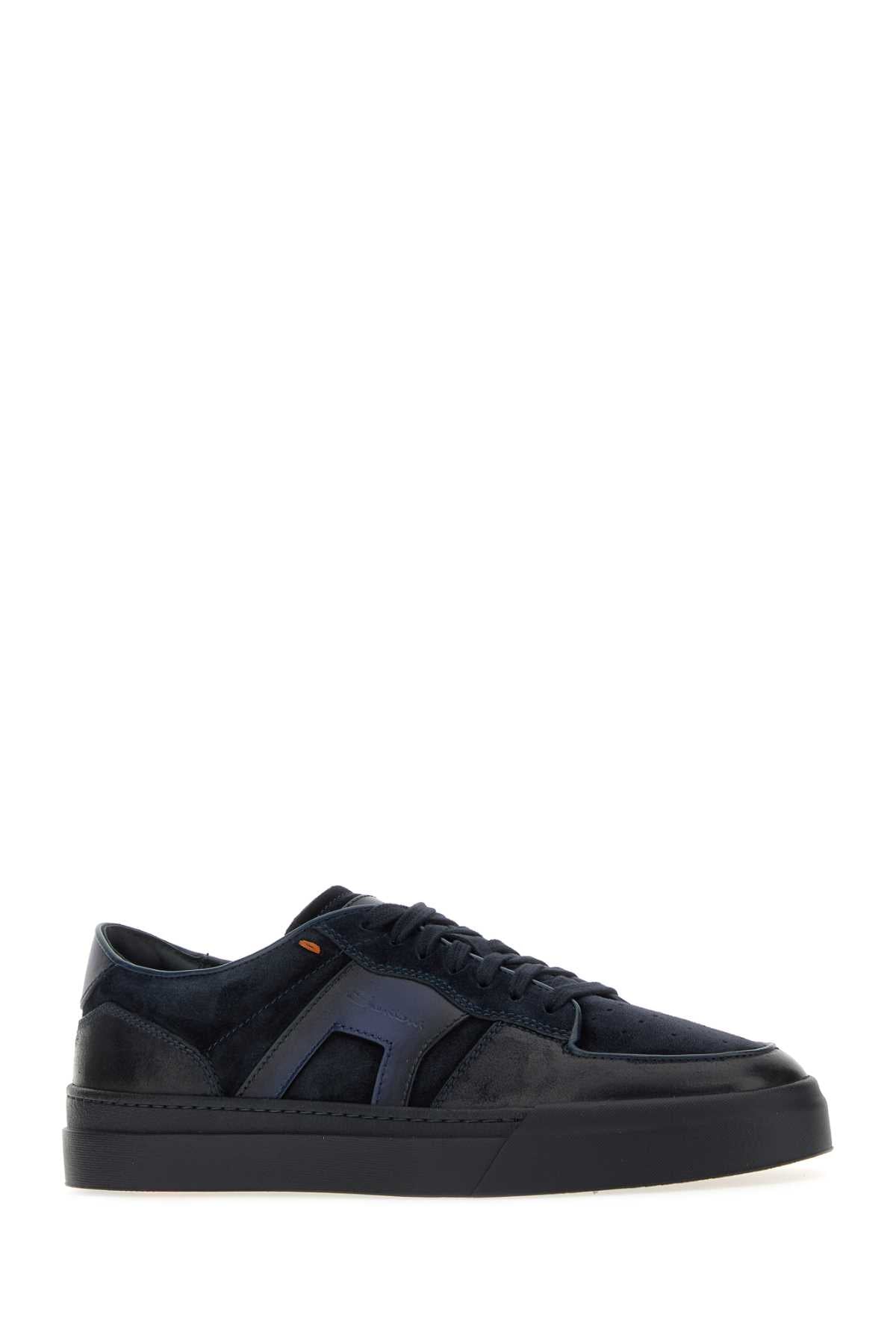 Santoni Men Blue Leather And Suede Sport Sneakers SANTONI