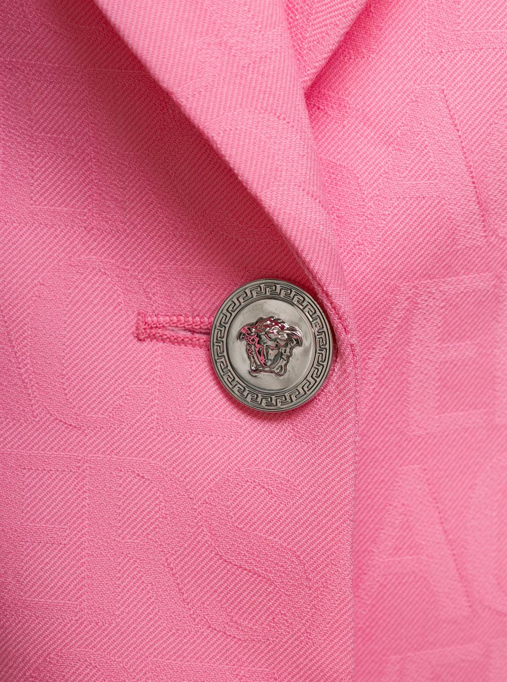 Versace Women Pink Single-Breasted Jacket With All-Over Tonal Logo Lettering Print In Wool Woman VERSACE