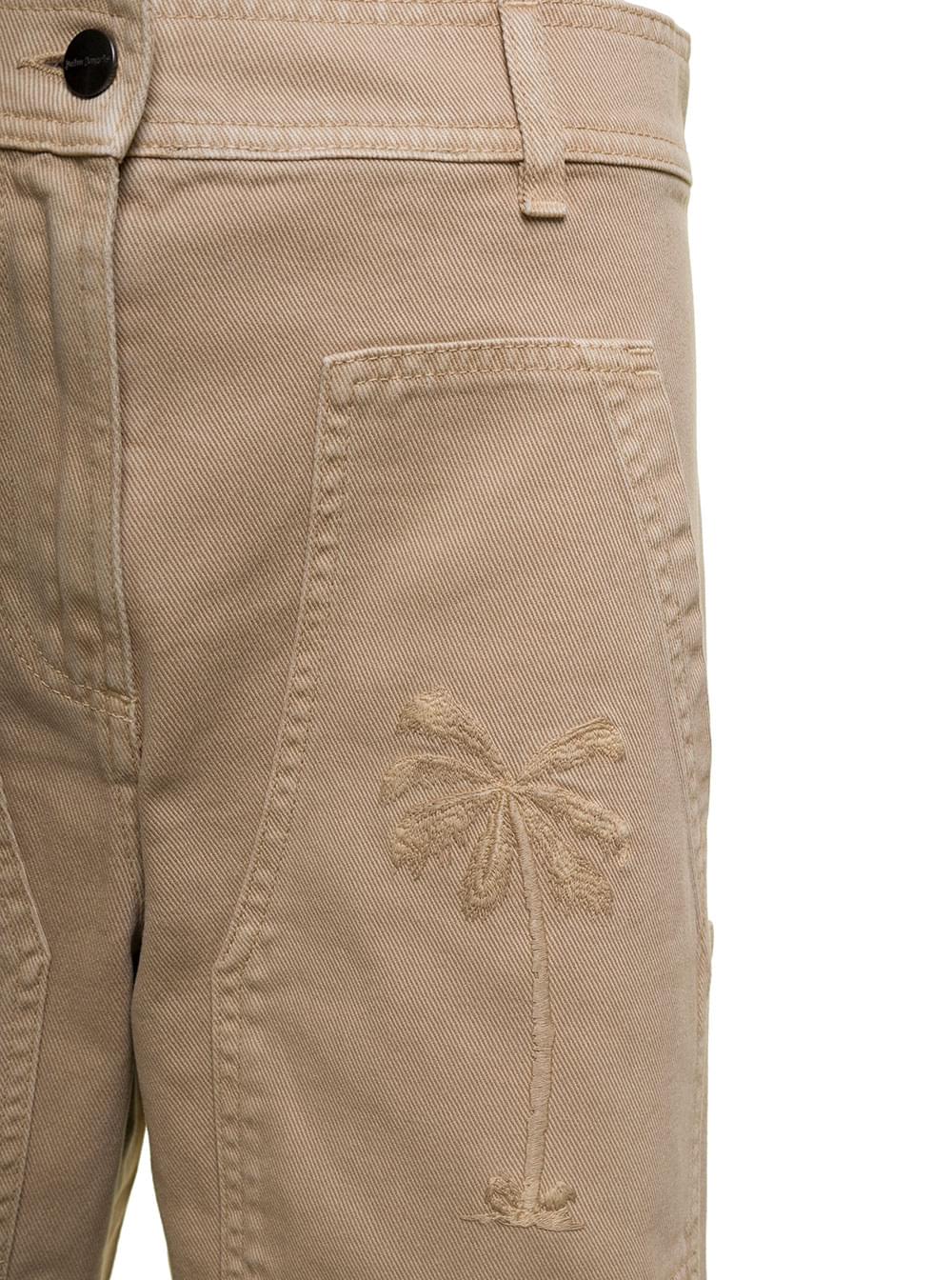 Palm Angels Women Beige 'Cargo' Pants With Embroidered Palm In Cotton Denim Woman PALM ANGELS