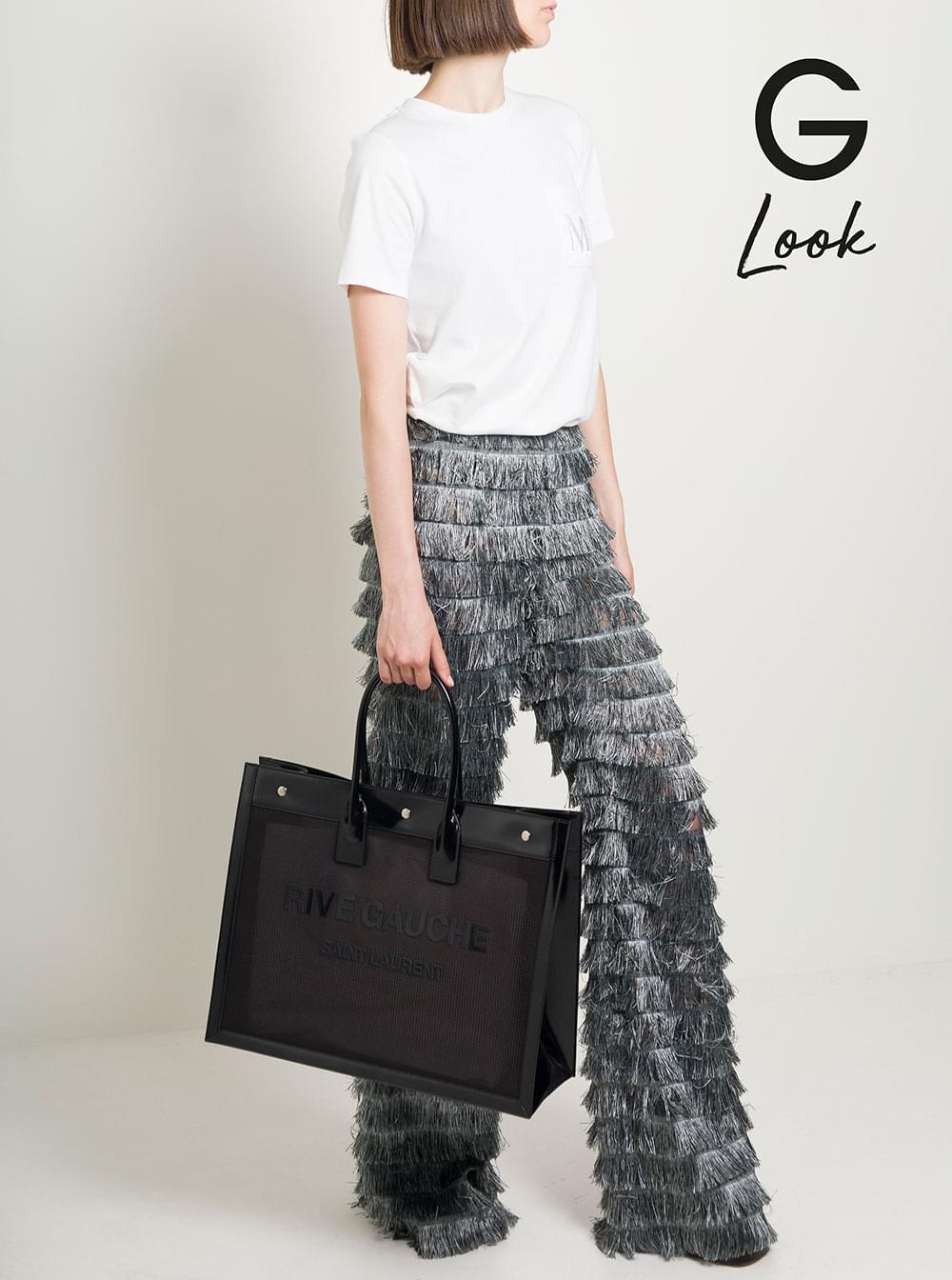 Saint Laurent Women Black Tote Bag With Tonal Rive Gauche Logo In Raphia Woman SAINT LAURENT