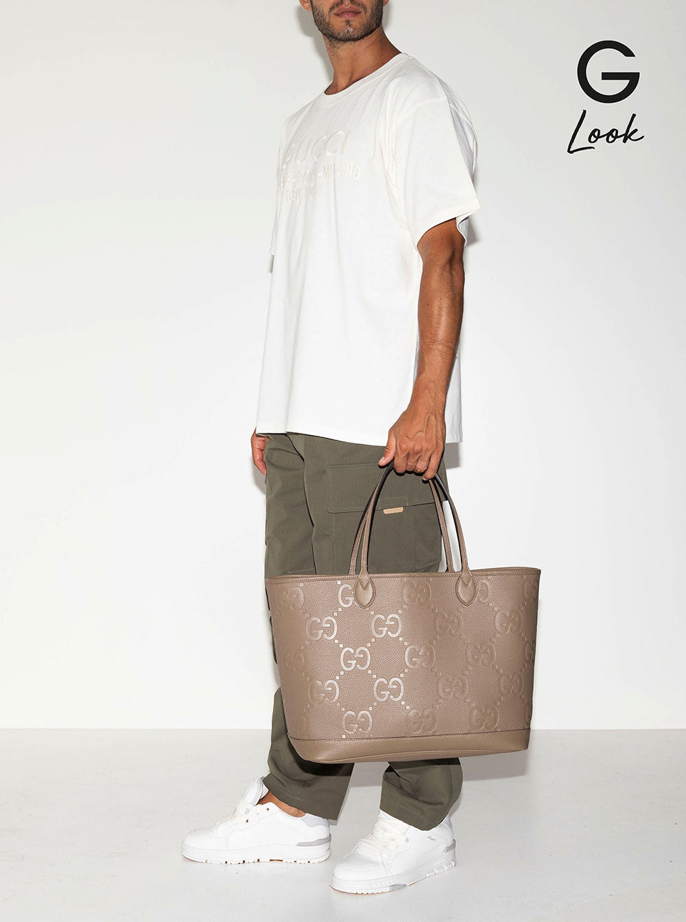 Gucci Men 'Jumbo' Beige Handbag With All-Over Logo In Leather Man GUCCI