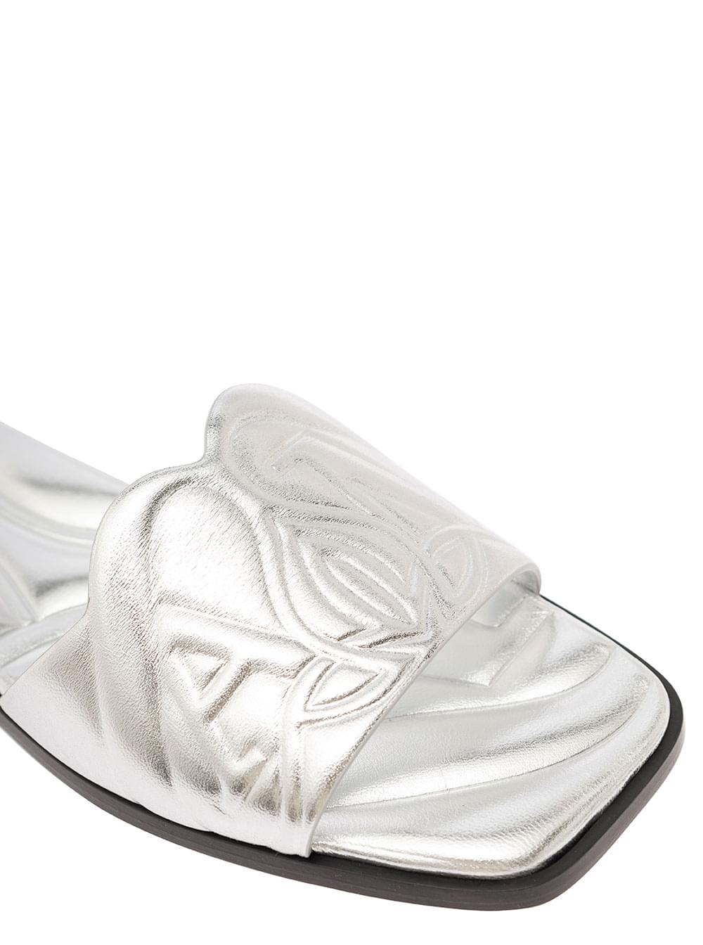 Alexander Mcqueen Women Metallic Flat Sandals With Embossed Motif In Metallic Leather Woman ALEXANDER MCQUEEN