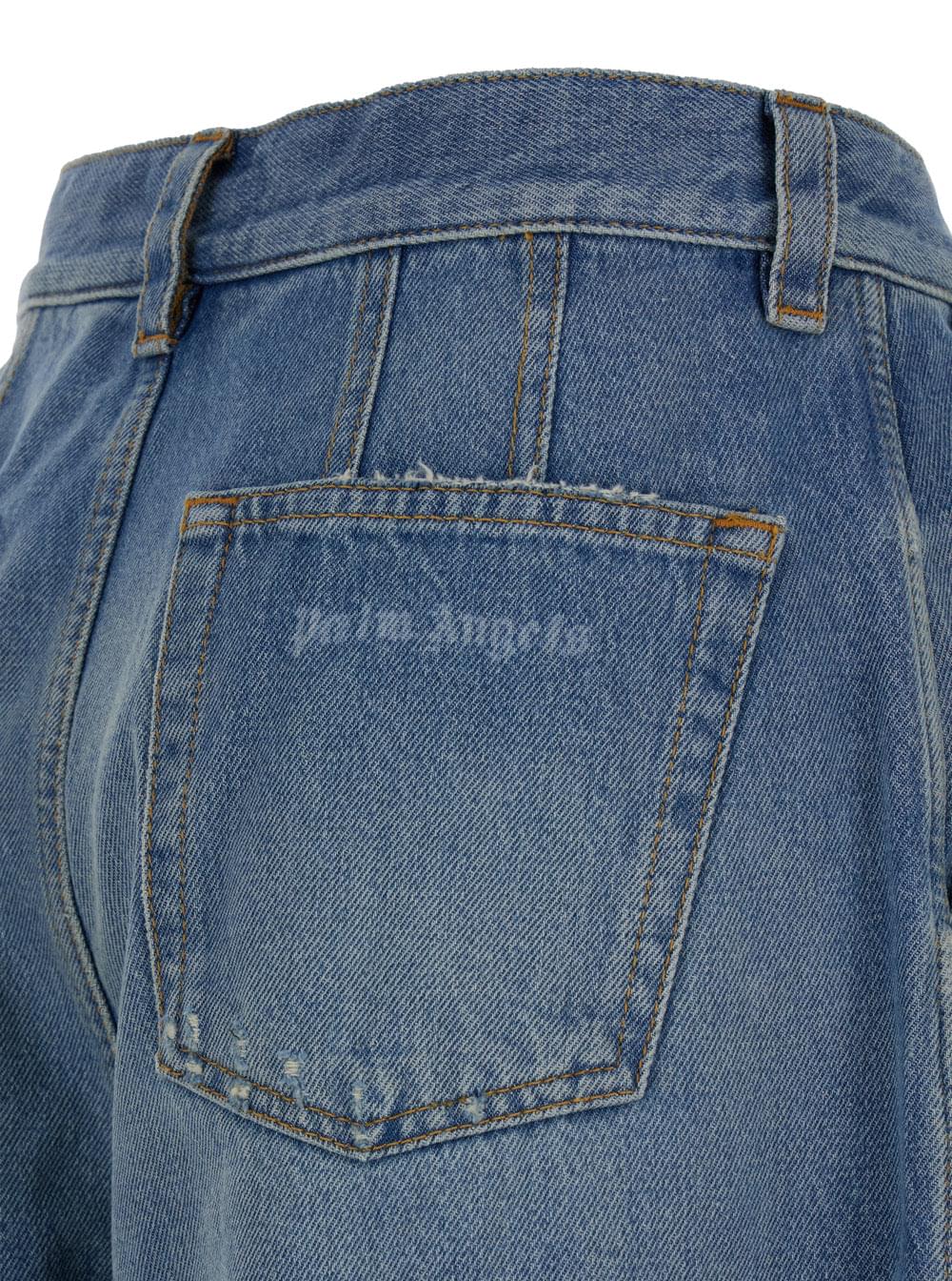 Palm Angels Women Light Blue High-Waisted Wide Jeans With Logo In Denim Woman PALM ANGELS