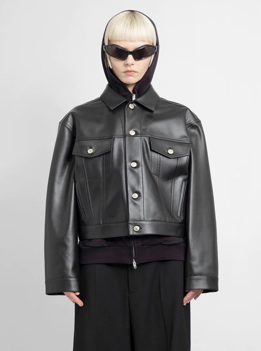 Balenciaga Women Black Cropped Jacket With Silver-Tone Branded Buttons In Super Smooth Leather Woman BALENCIAGA