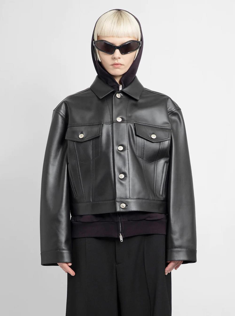 Balenciaga Women Black Cropped Jacket With Silver-Tone Branded Buttons In Super Smooth Leather Woman BALENCIAGA