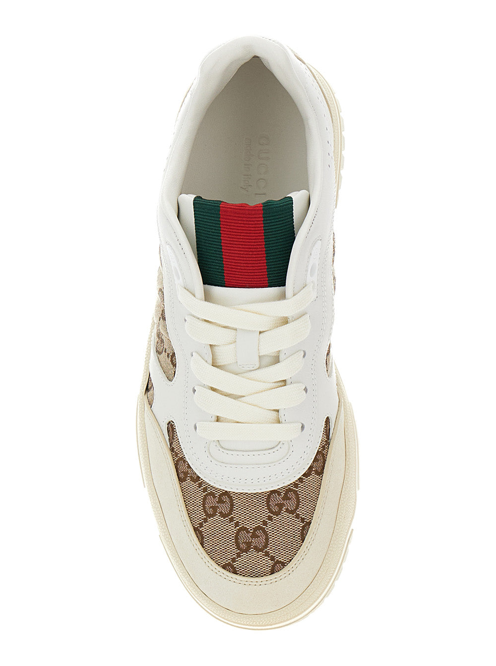 Gucci Women White And Beige Low Top Sneakers With Web Detail In Leather And Gg Supreme Canvas Woman GUCCI
