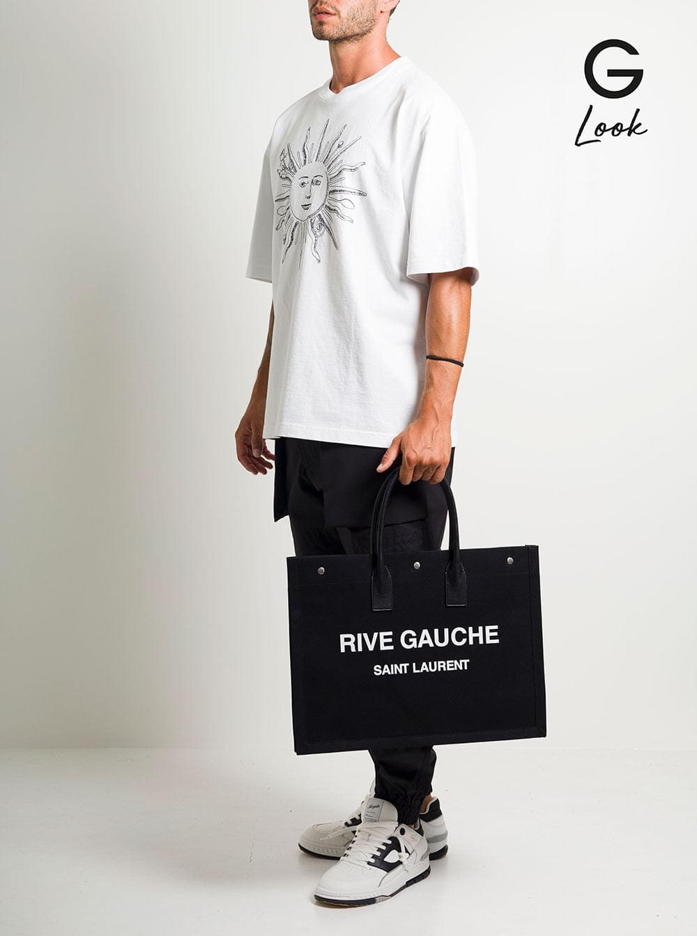 Saint Laurent Men 'Big Rive Gauche' Black Tote Bag With Contrasting Logo Print In Cotton Man SAINT LAURENT