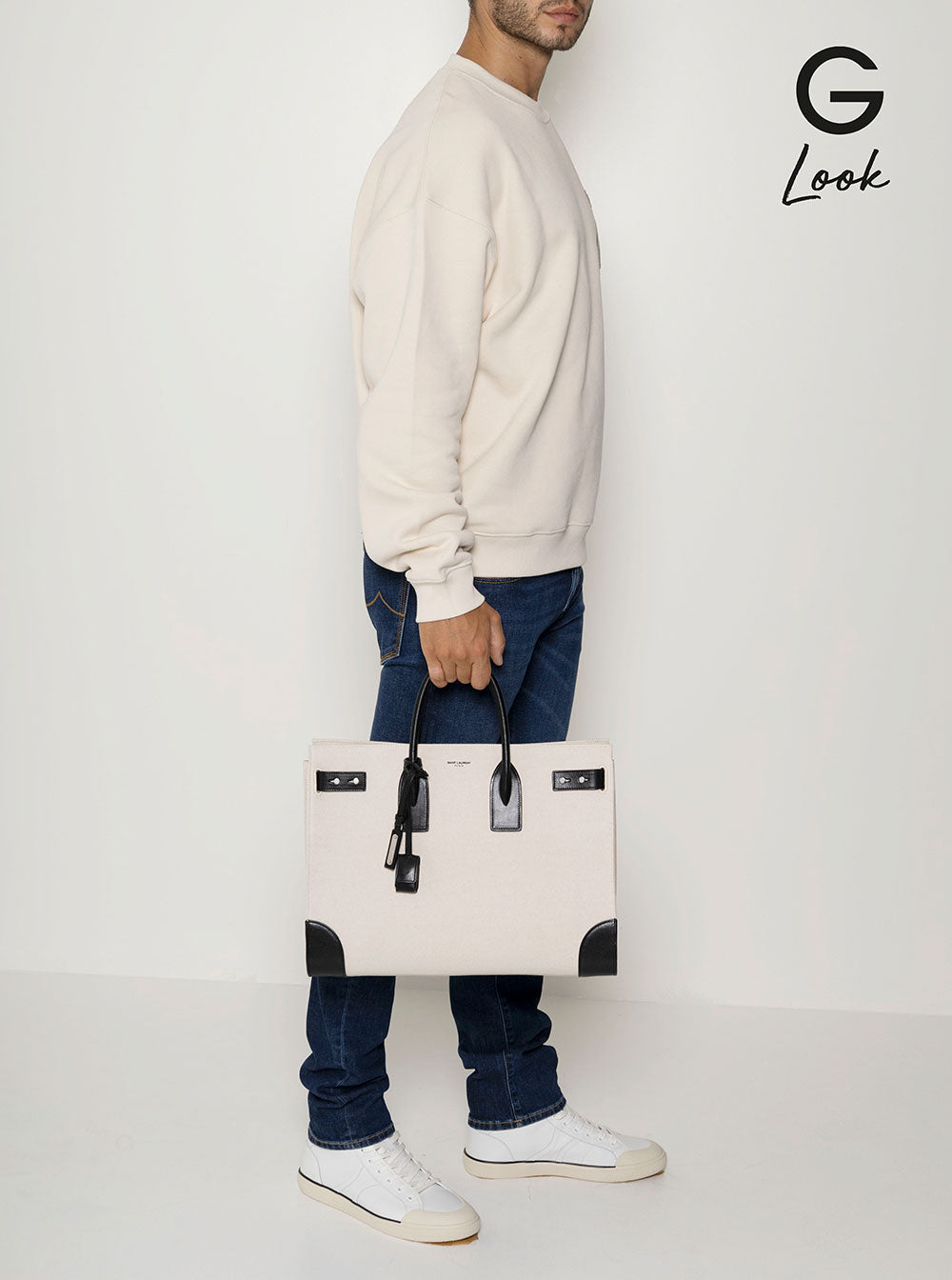 Saint Laurent Men 'Sac De Jour L' Beige Tote Bag With Brass Padlock In Canvas And Leather Man SAINT LAURENT