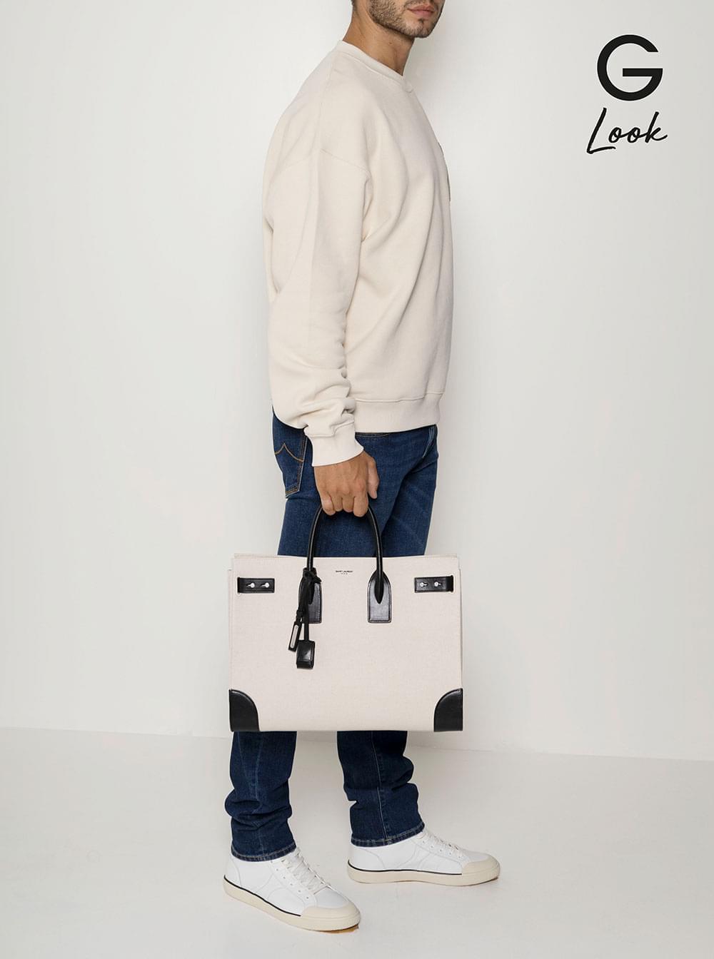 Saint Laurent Men 'Sac De Jour L' Beige Tote Bag With Brass Padlock In Canvas And Leather Man SAINT LAURENT