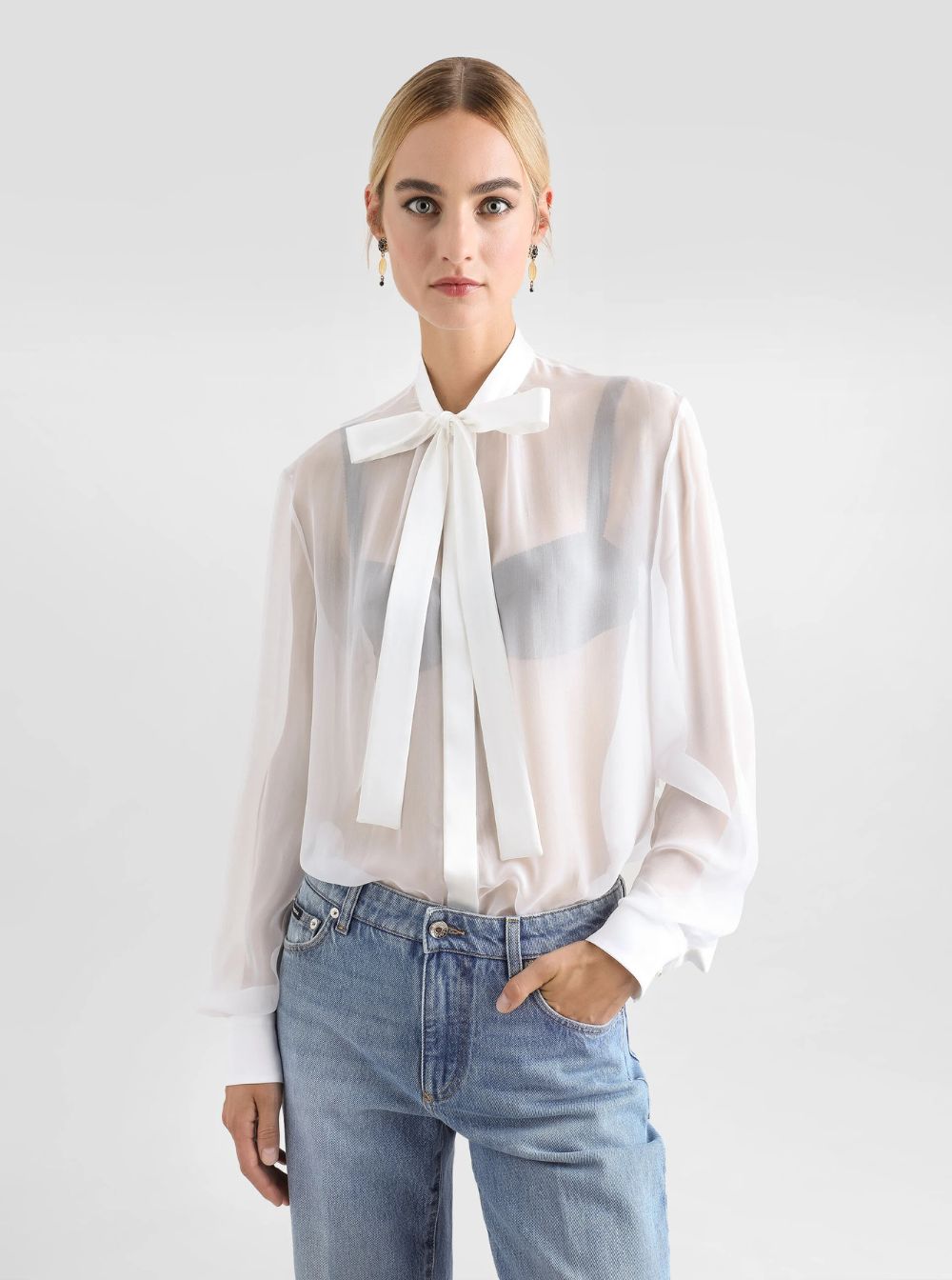 Dolce & Gabbana Women White Shirt With Pussy-Bow Collar In Silk Woman DOLCE & GABBANA
