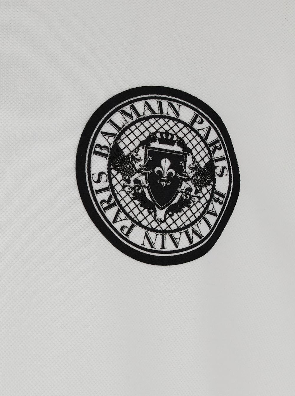 Balmain Men White Polo Shirt With Collar And Coin Print On The Front In Cotton Man BALMAIN