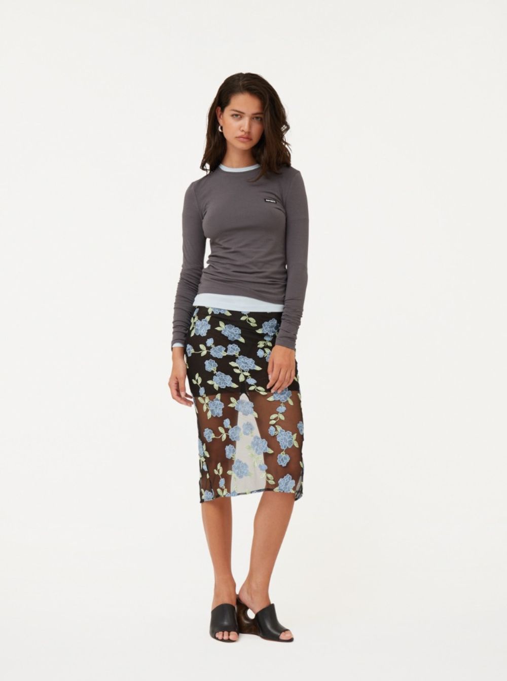 Rotate Women Black Pencil Skirt With Mesh Panels And All-Over Floral Motif In Tech Fabric Woman ROTATE