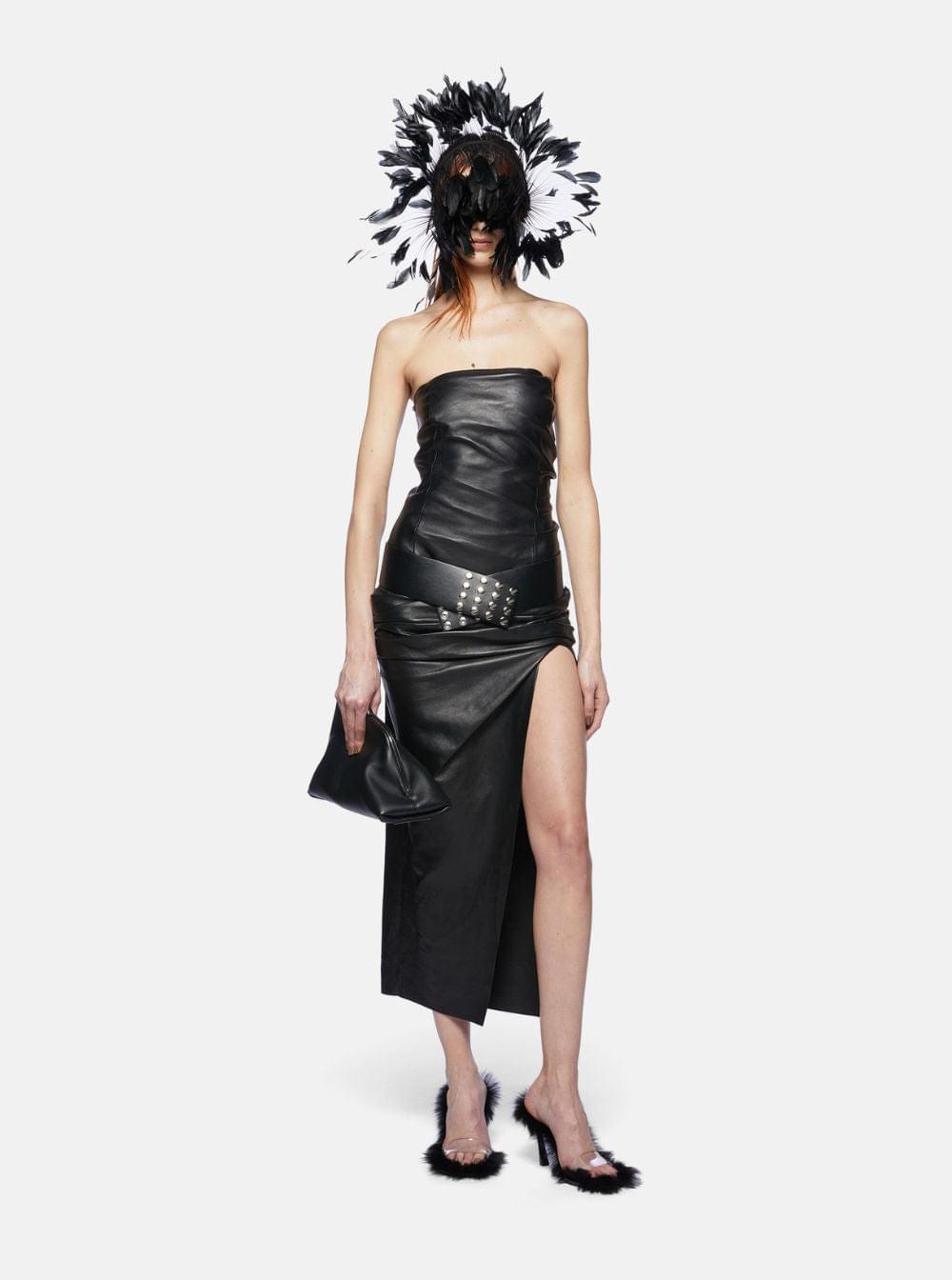 The Attico Women Black Sleeveless Off-Shoulder Midi Dress With Front Single Slit And Ruched Waist In Leather Woman THE ATTICO