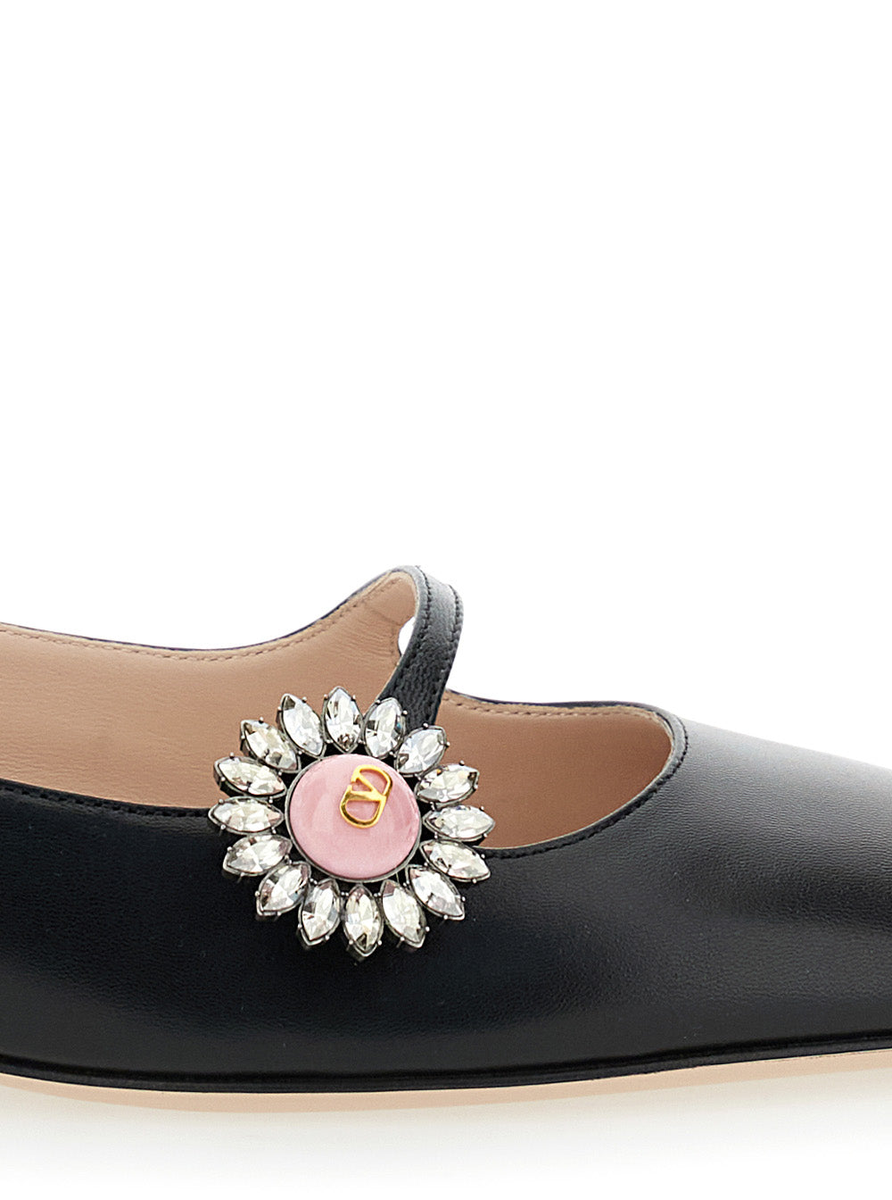 Valentino Garavani Women Black Ballet Shoes With Floral Detail With Vlogo In Leather Woman VALENTINO GARAVANI