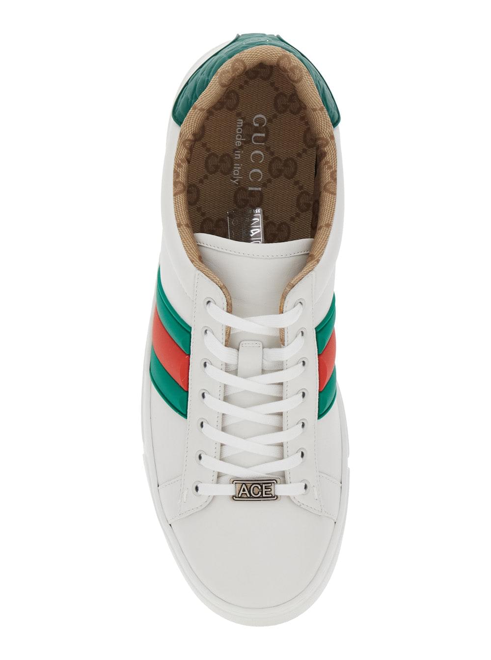 Gucci Men 'Ace' White Sneaker With Web Detail On The Side And Tag On The Front In Leather Man GUCCI