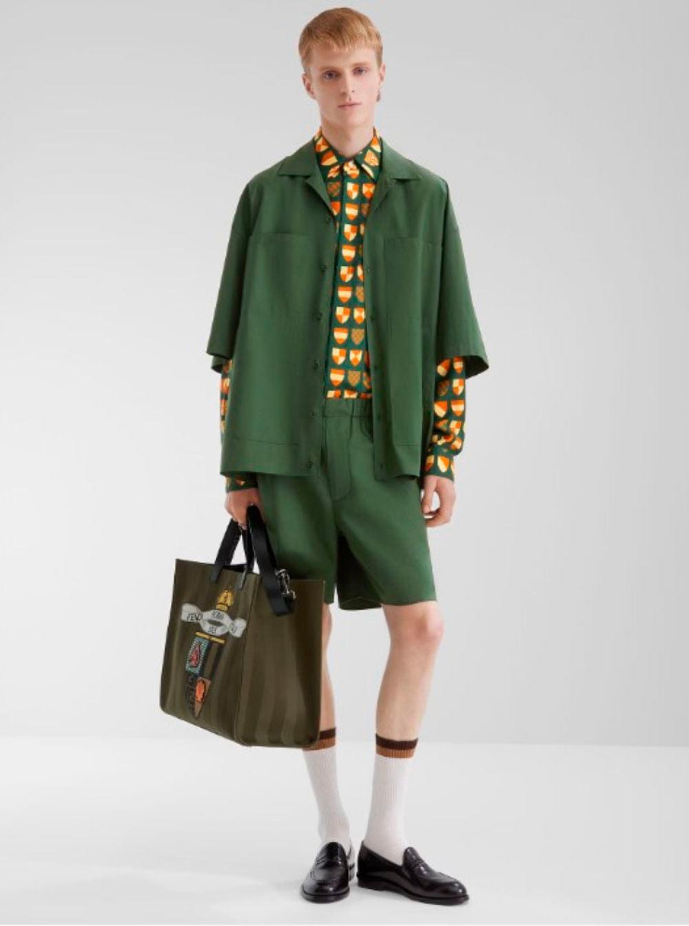 Fendi Men Green Shopper With Vertical Stripes Motif And Fendi Club Patch On The Front In Canvas Man FENDI