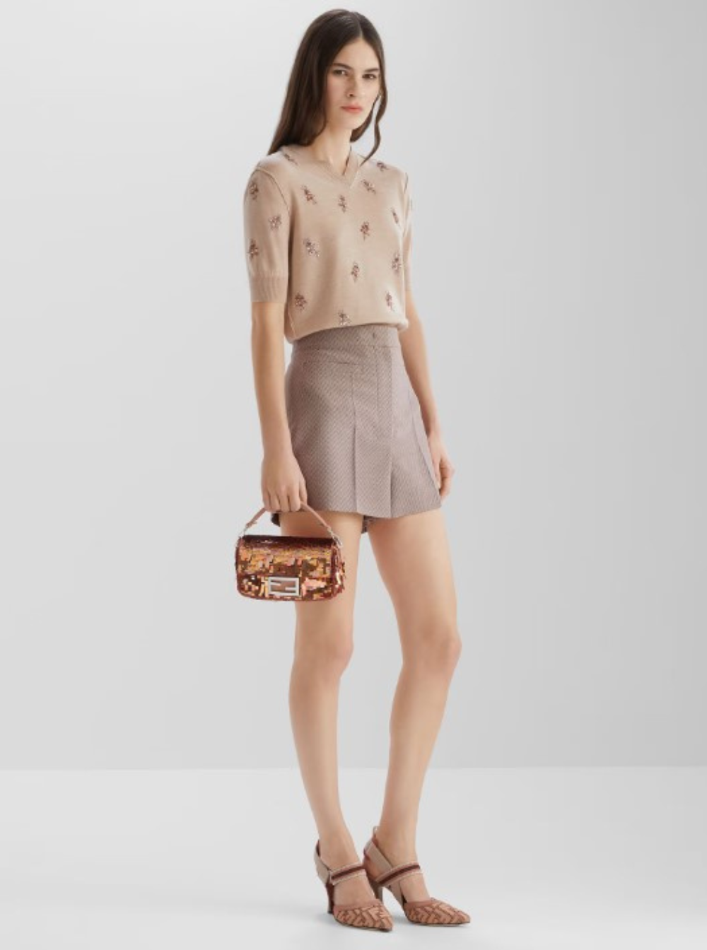 Fendi Women Pink T-Shirt With V Neck On Front And Rear And Floral Embroidery On The Front In Wool Woman FENDI