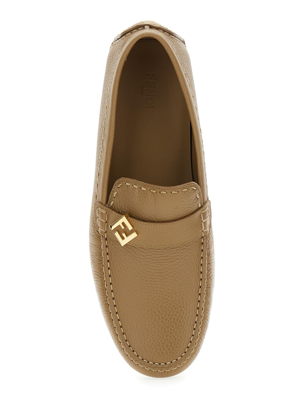 Fendi Men 'Driver' Beige Loafers With Rubber Injected Sole And Metallic Ff Plate In Hammered Leather Man FENDI