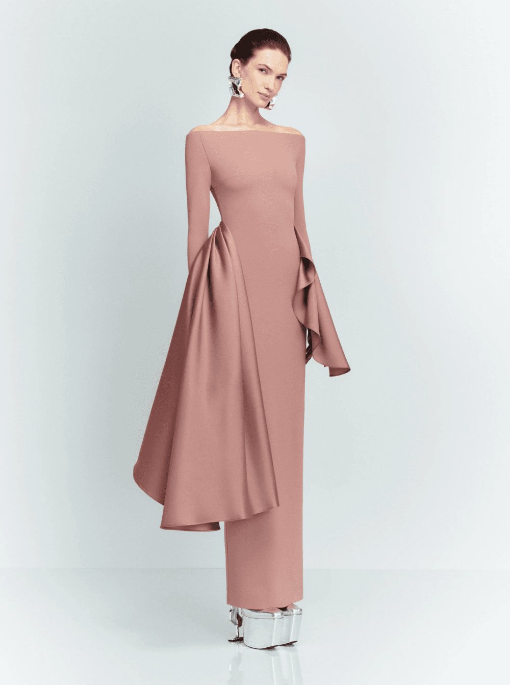 Solace London Women 'Kiana' Brown Long Dress With Boat Neckline And Maxi Draped Detail In Tech Fabric Stretch Woman SOLACE LONDON