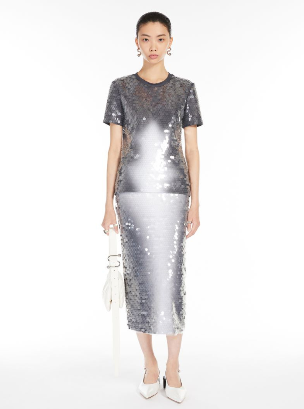 Sportmax Women Grey T-Shirt With All-Over Applied Sequins In Tech Fabric Woman SPORTMAX