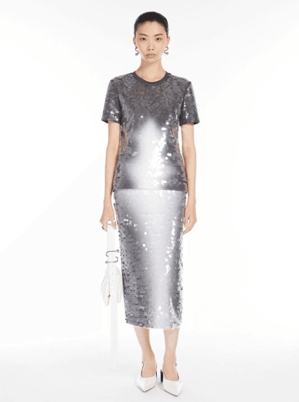 Sportmax Women Grey T-Shirt With All-Over Applied Sequins In Tech Fabric Woman SPORTMAX