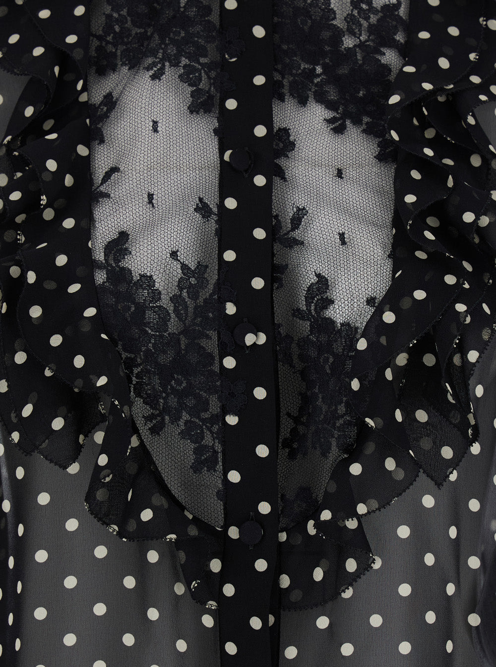 Valentino Women Black Crewneck Shirt With Floral Embroidery And All-Over Polka Dots Motif In Silk Woman VALENTINO