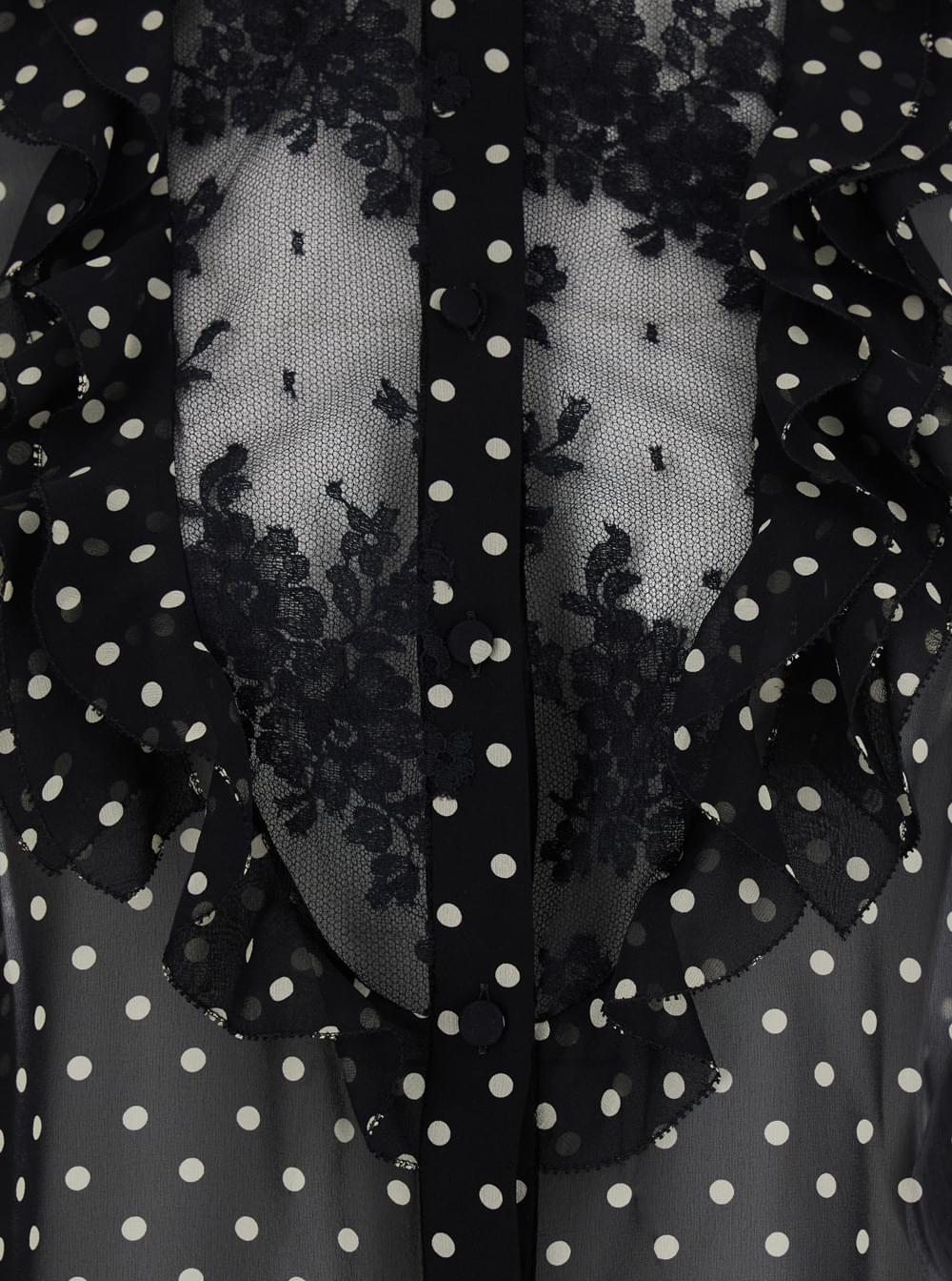 Valentino Women Black Crewneck Shirt With Floral Embroidery And All-Over Polka Dots Motif In Silk Woman VALENTINO