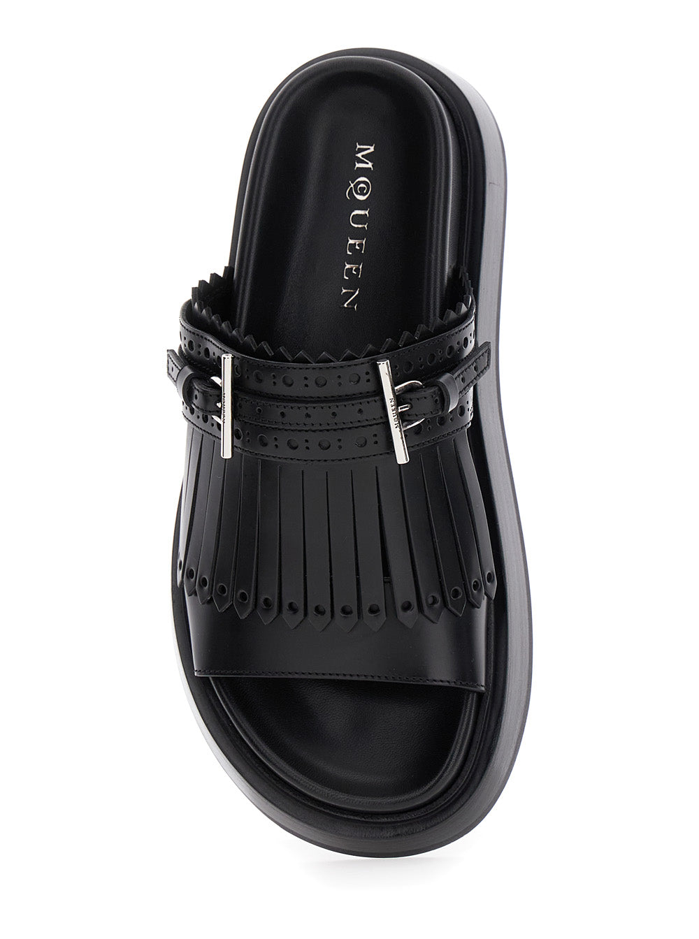 Alexander Mcqueen Women Black Sandals With Brogue T-Buckle Decorative Strap In Leather Woman ALEXANDER MCQUEEN