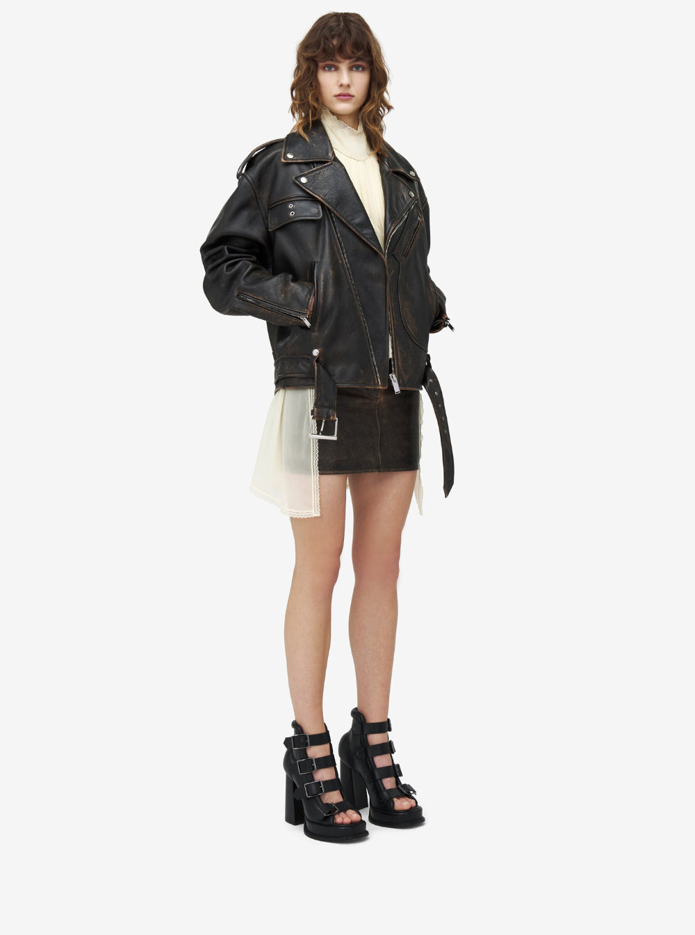 Alexander Mcqueen Women Antiqued Brown Biker Jacket With Wide Classic Lapels And Decentralized Zip Closure In Leather Woman ALEXANDER MCQUEEN