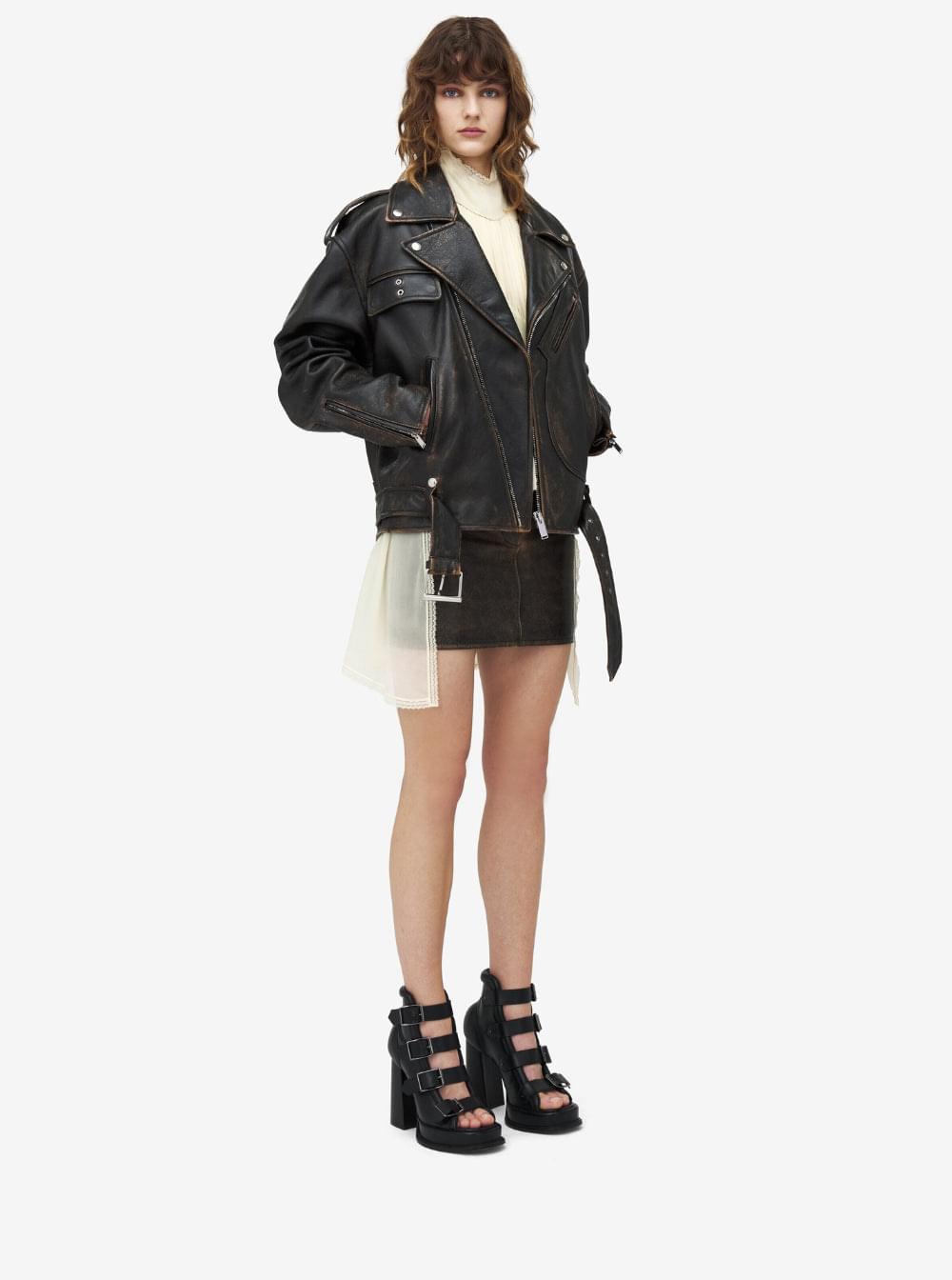Alexander Mcqueen Women Antiqued Brown Biker Jacket With Wide Classic Lapels And Decentralized Zip Closure In Leather Woman ALEXANDER MCQUEEN