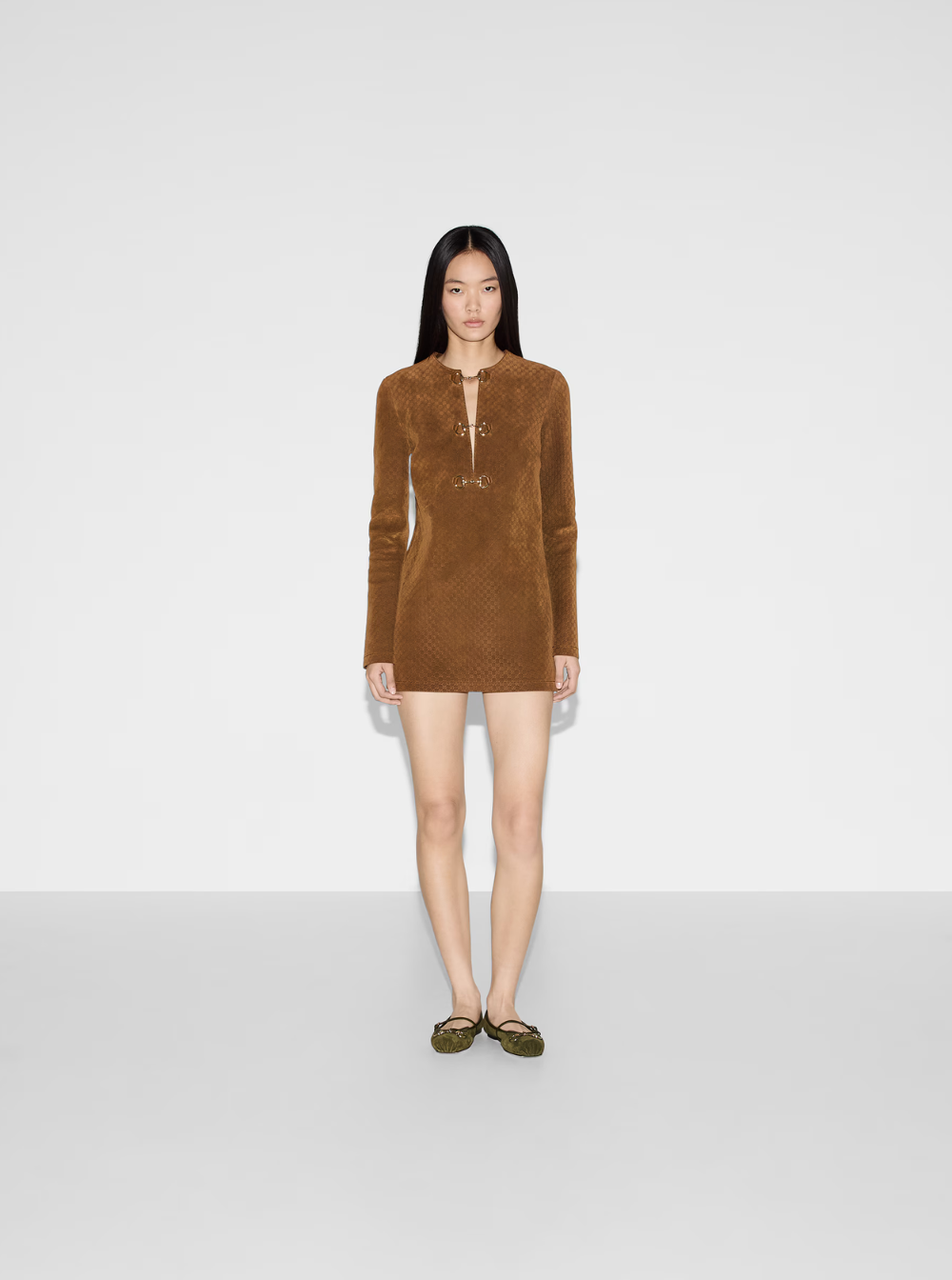 Gucci Women Brown Dress With Front Horsebit Details And All-Over Gg Motif In Suede Woman GUCCI