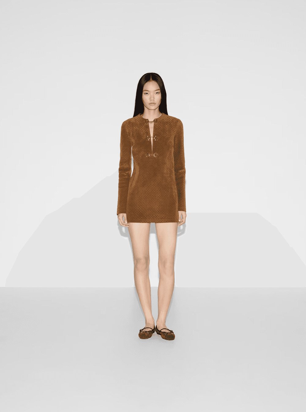 Gucci Women Brown Dress With Front Horsebit Details And All-Over Gg Motif In Suede Woman GUCCI