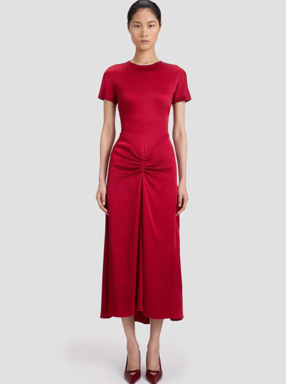 Victoria Beckham Women Red Crewneck Midi Dress With Gathered Waist And Rear Zip Closure In Viscose Blend Woman VICTORIA BECKHAM